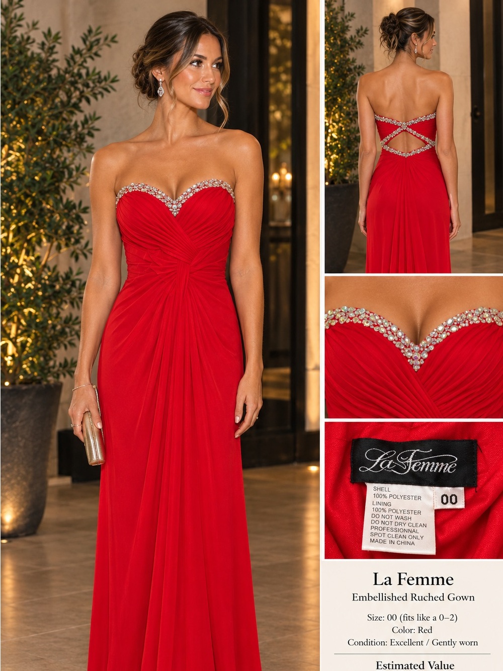 La Femme Red Strapless Ruched Evening Gown with Crystal Trim